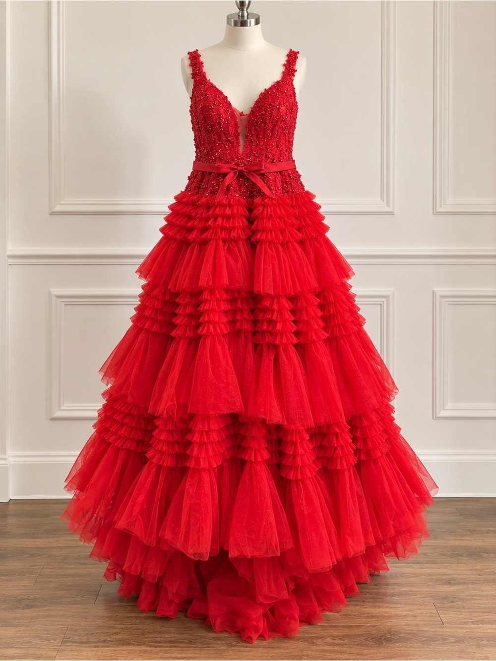 Sherri Hill Red Beaded V-Neck Tiered Tulle Gown